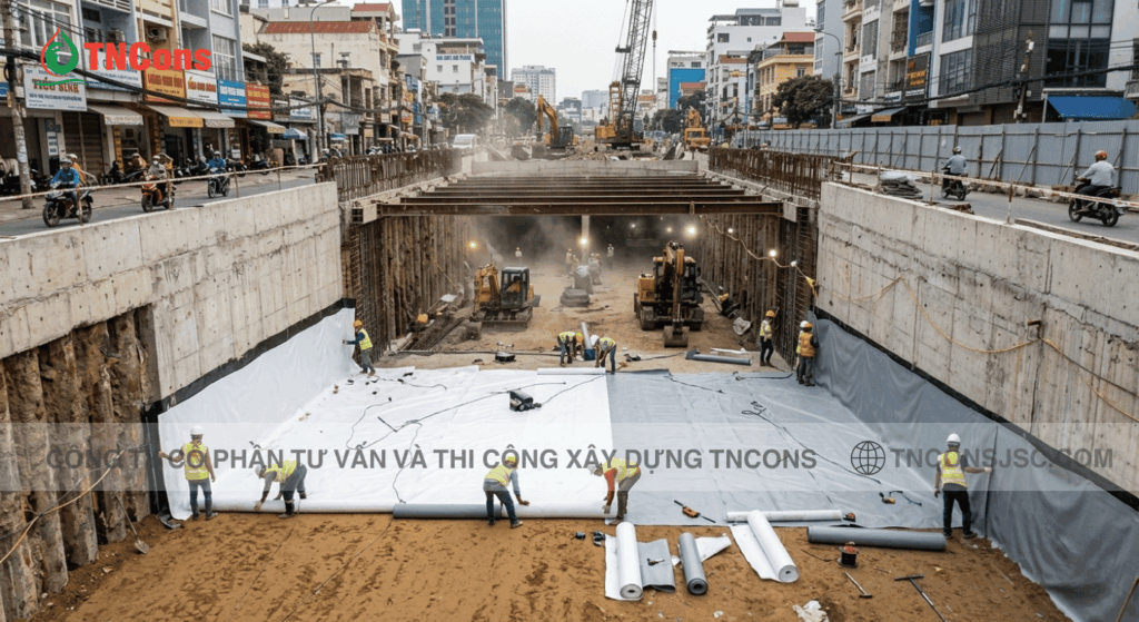 Đội ngũ kỹ sư tiến hành thi công chống thấm hầm chui đô thị tại dự án
