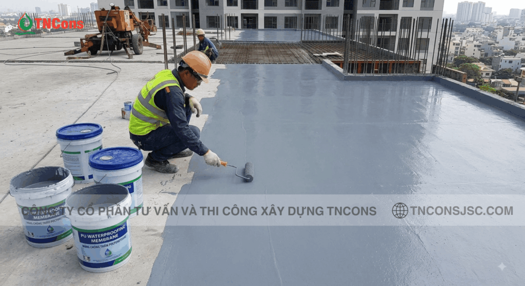 Kỹ sư kiểm tra ưu điểm chống thấm PU về khả năng co giãn trên khe nứt