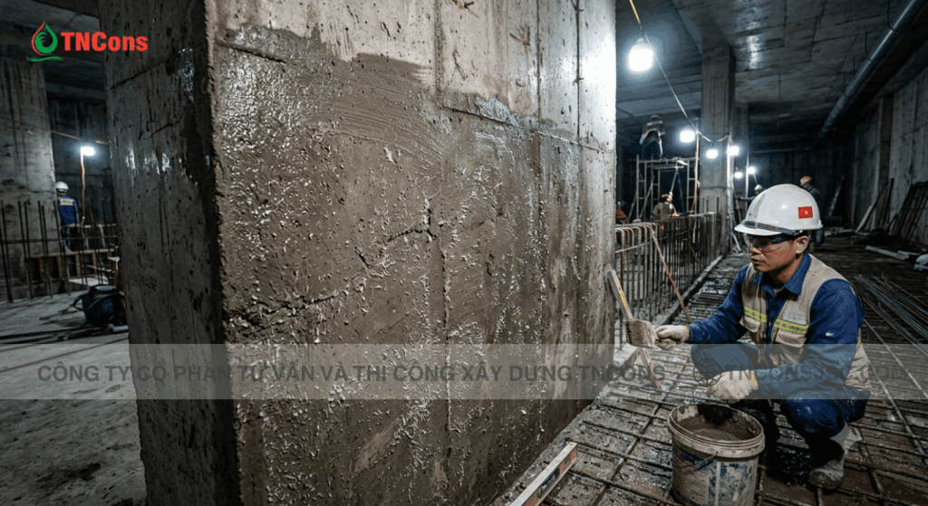 Bề mặt vách bê tông được thi công chống thấm ngược bằng công nghệ tinh thể thẩm thấu